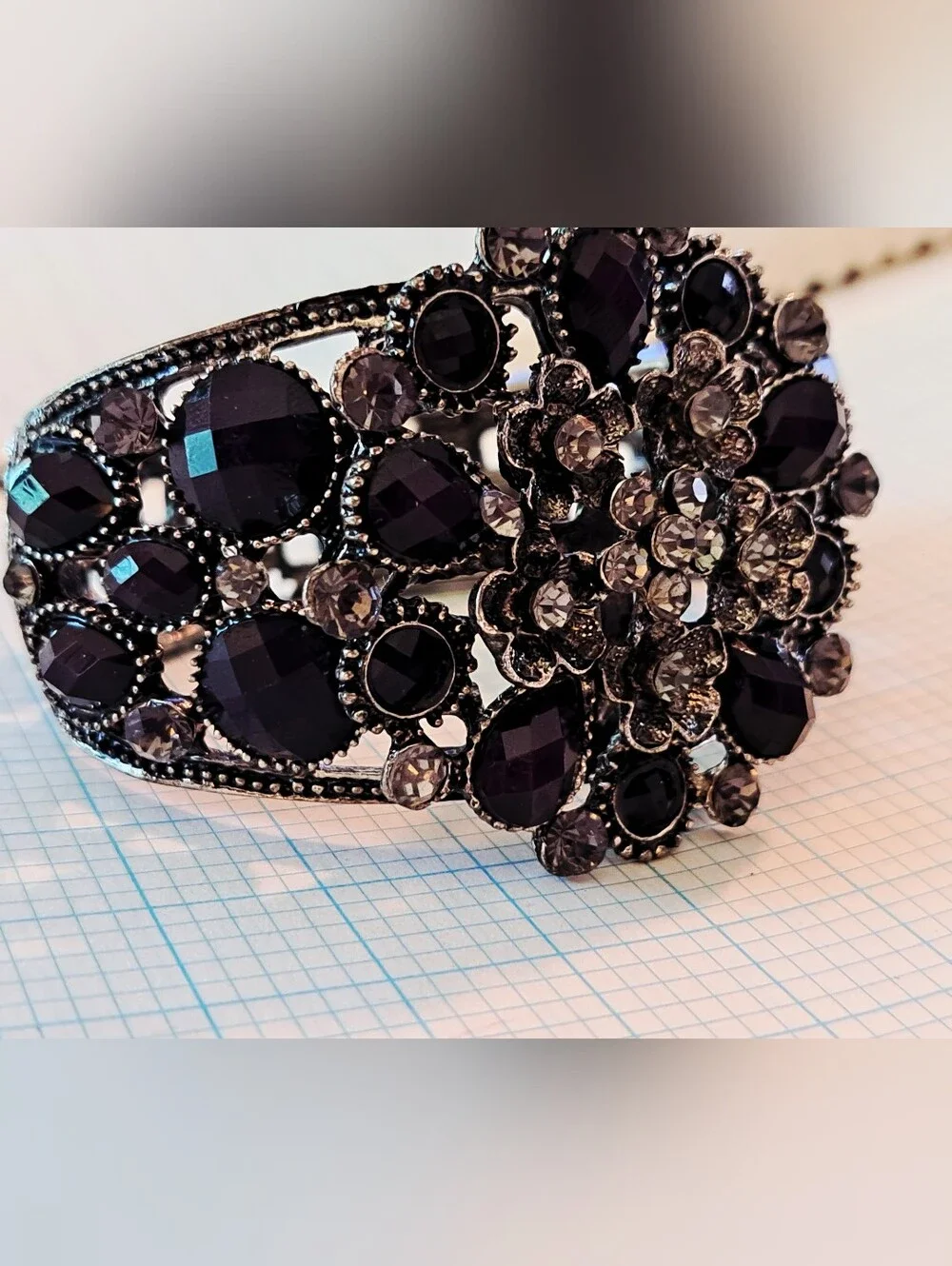 Vintage-Inspired Black Crystal Statement Hinged Bangle Bracelet